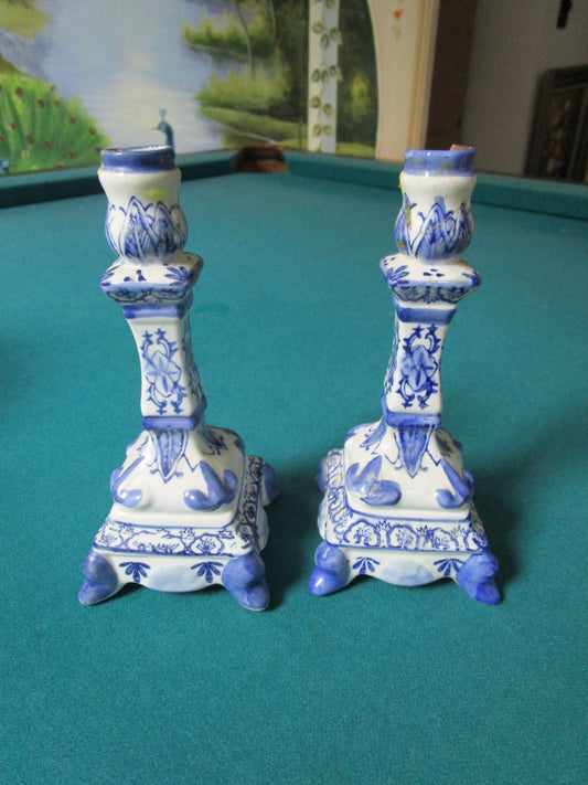 ANTIQUE BLUE WARE PAIR OF CANDLEHOLDER 7 1/4" [170J]