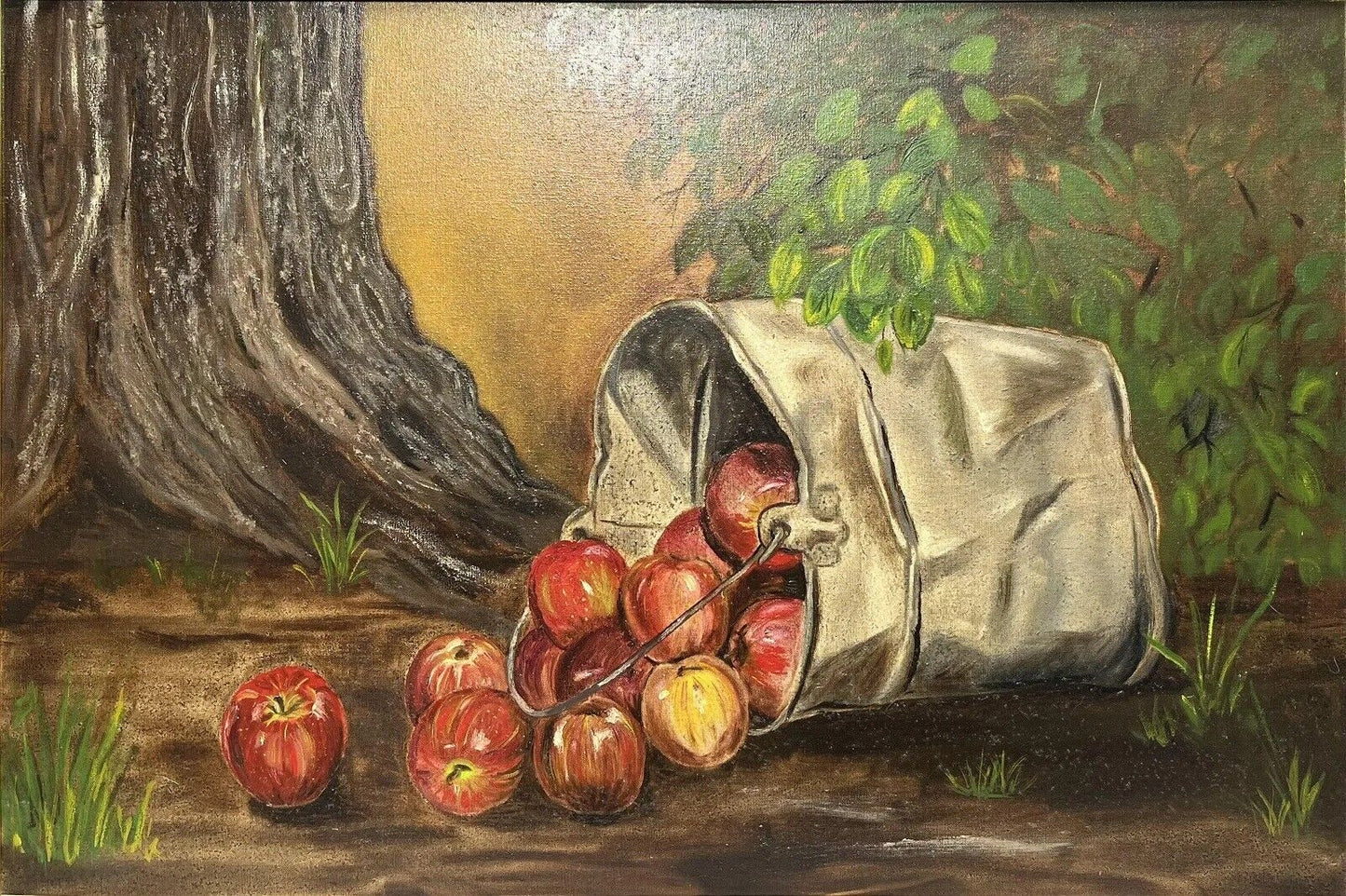 20th C Still Life  Fruit Oil on Canvas Depicts a Bucket of Red Apples 40 x 28"