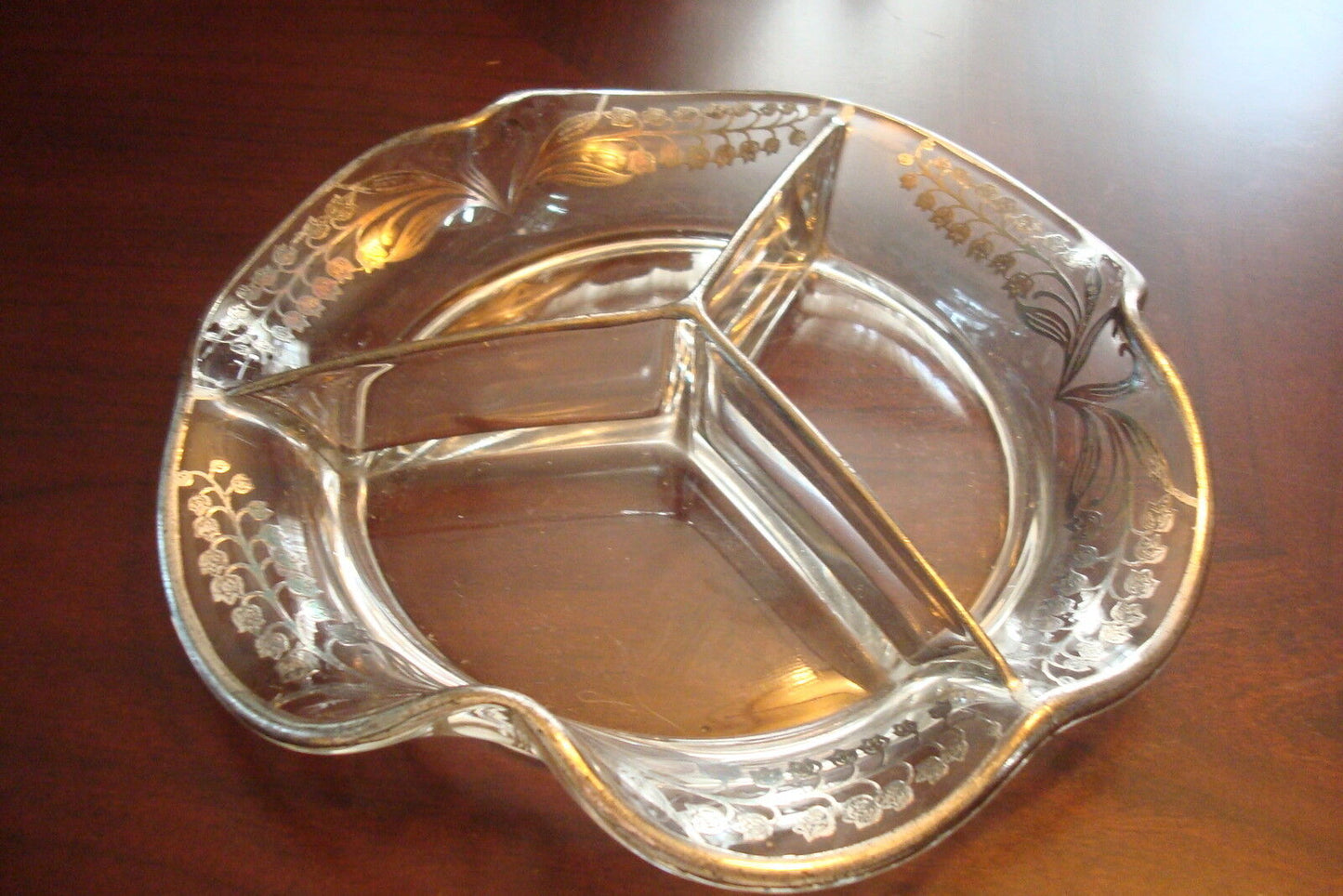 ANTIQUE  HEISEY lass Crystal 3 division Fluted Bowl Sterling Overlay, 2" x 9"