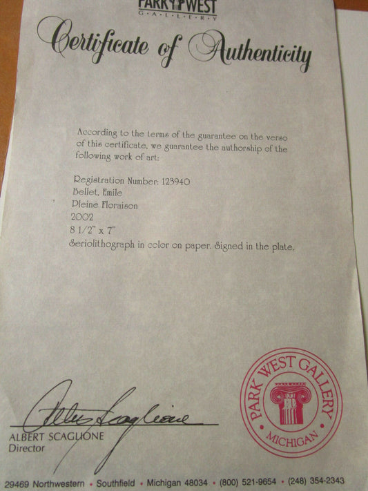 Emile Bellet "Pleine Floraison" Seriolithograph 7 X 8" Signed In Plate W/Cert