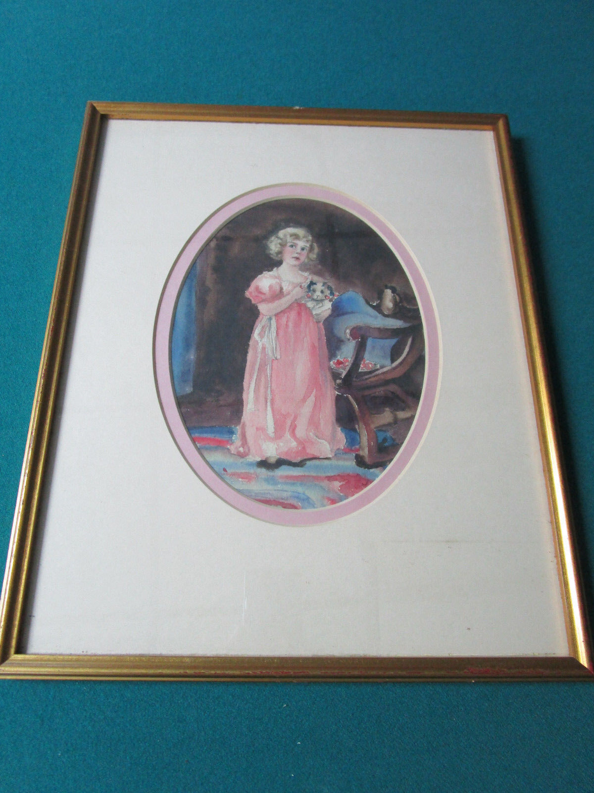 1919 MILDREN M. FORSE WATERCOLOUR GIRL IN PINK 7 1/5 X 5"