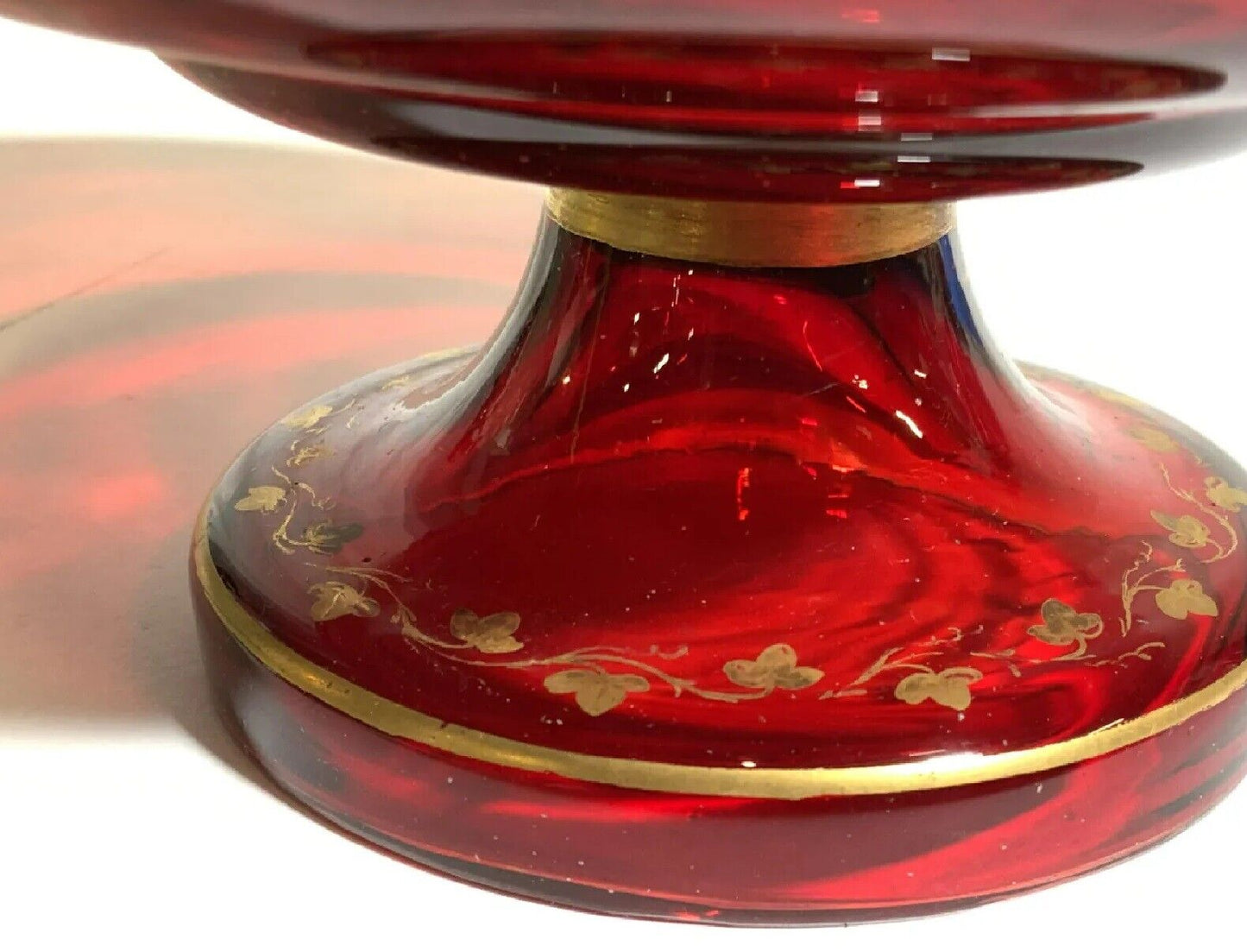 ANTIQUE BOHEMIAN GLASS RED VASE cranberry with gold gilt  floral, vine and leaf