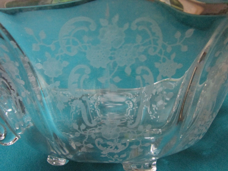 Fostoria Baroque Meadow Rose Elegant Glass Etched Footed Bowl [*GL13]