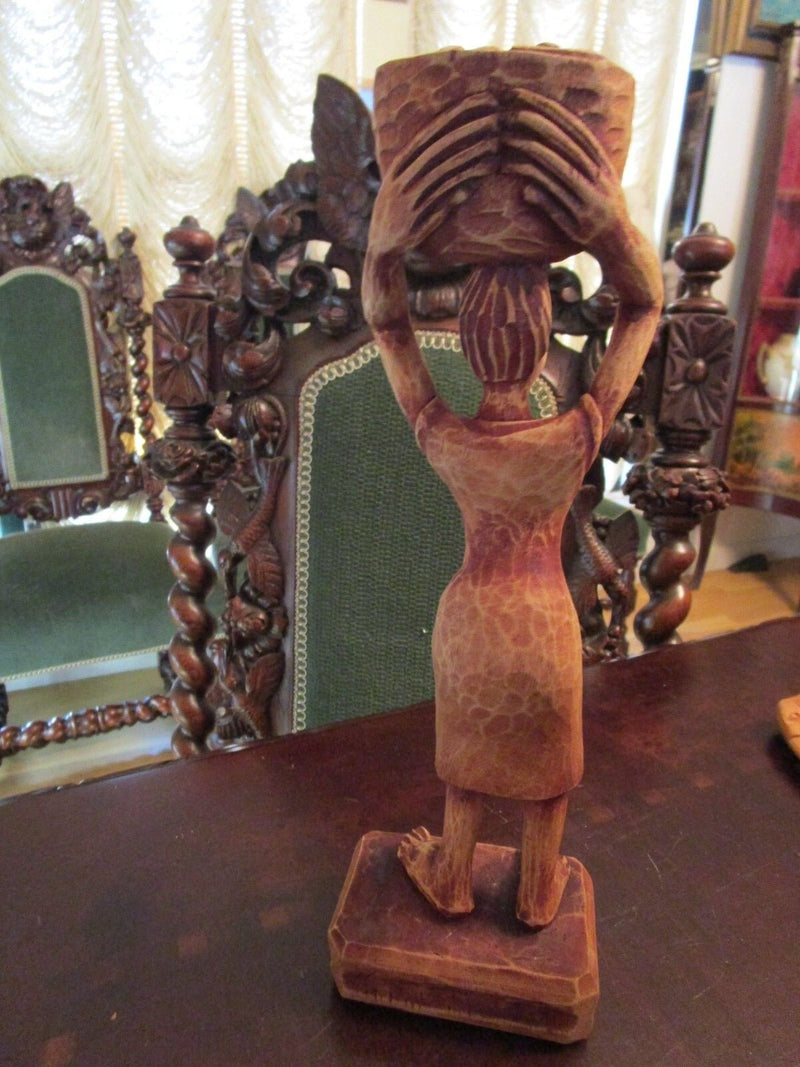Wood Carving African Woman With Basket 11" Tall Signed Louis Original^^^
