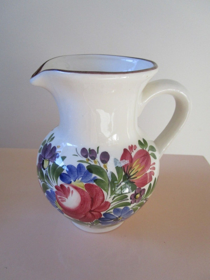 Hungarian Barauni Signed Floral Ceramic Pitcher Pansies 7" [30H]
