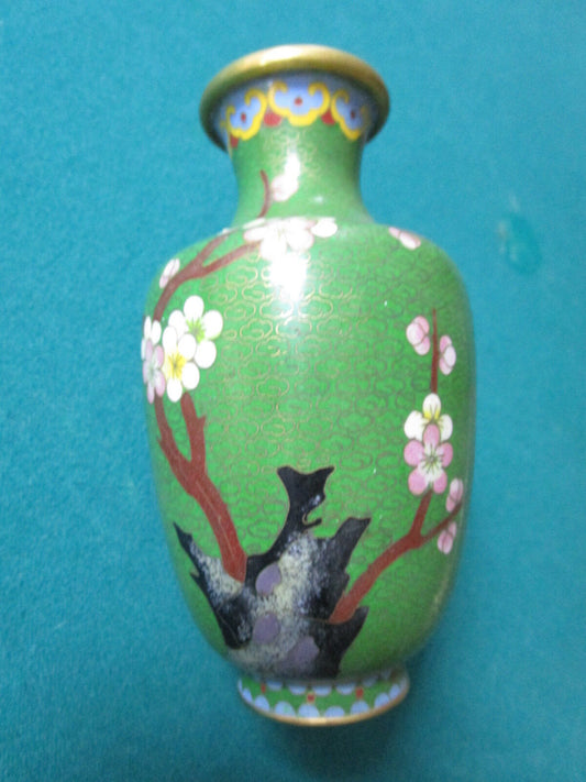 Antique Chinese Cloisonne vase, turquoise base/gold on the inside,cherry flowers