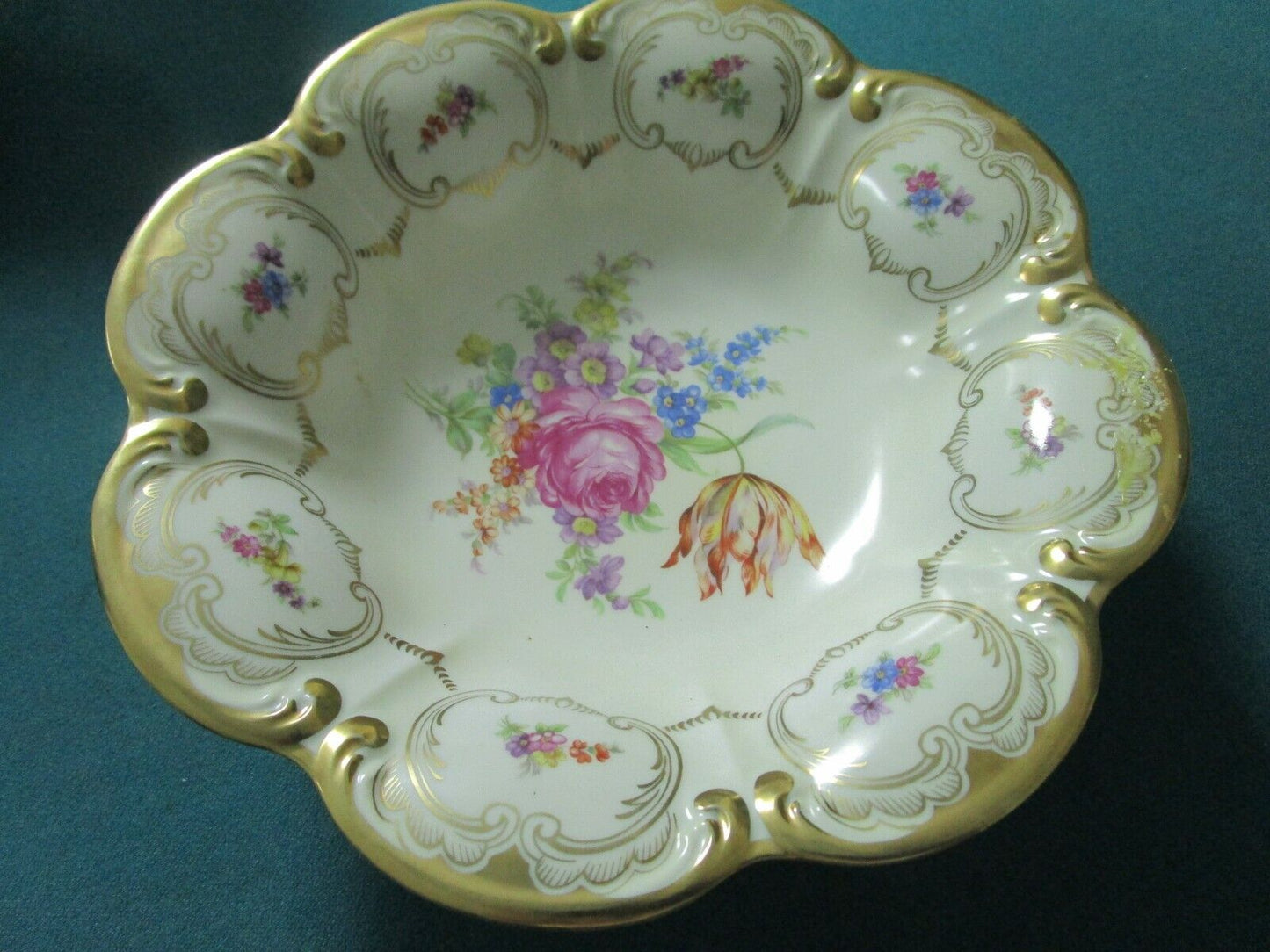 TIRSCHENREUTHER BAVARIA GERMANY SET BOWL TRAY CENTERPIECE GOLD AND FLOWERS