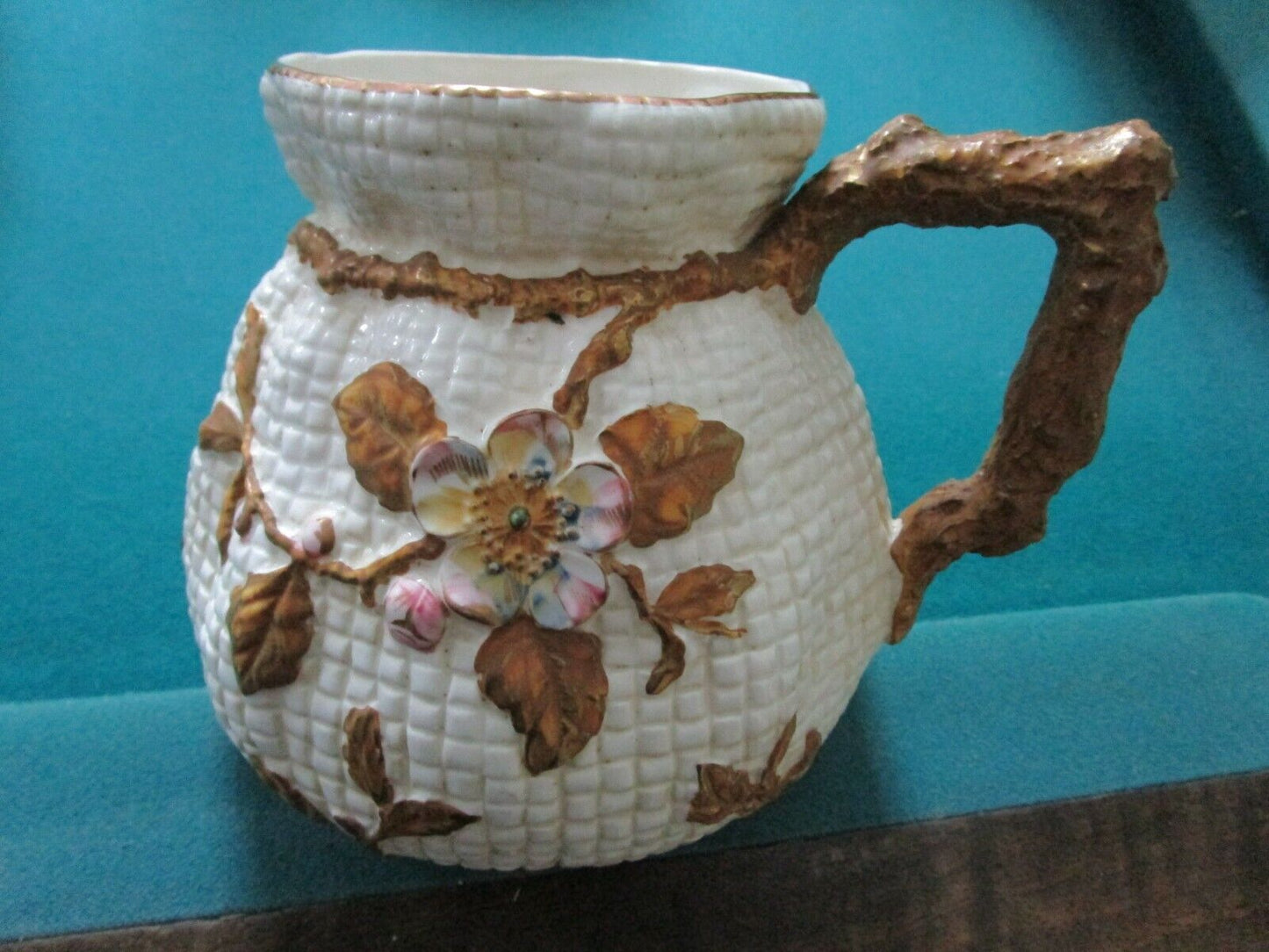 1850s STAFFORDSHIRE JAR PITCHER CLAY WARE FLOWERS RIBBON DIAMOND MARK