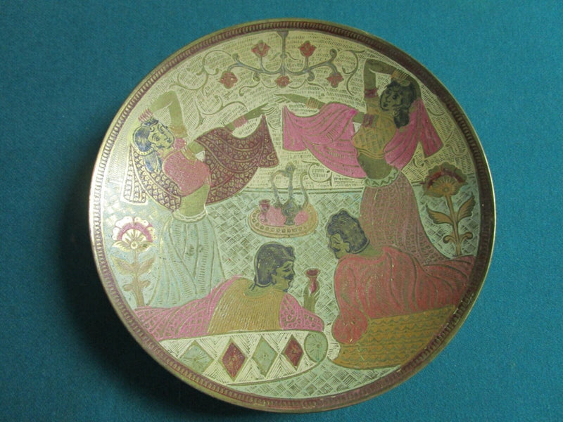 CLOISONNE METAL ENGRAVED WALL PLATE DANCING INDIAN GIRLS 8"
