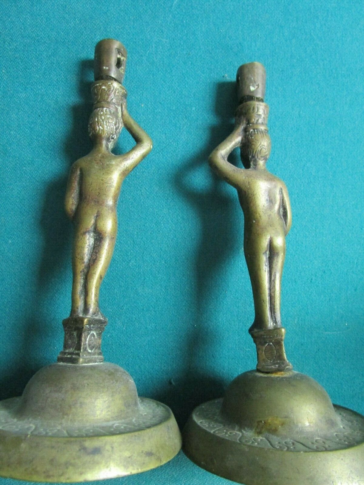 ANTIQUE BRASS EGYPTIAN NUBIAN PAIR CANDLEHOLDERS  NUDE WOMEN 9"