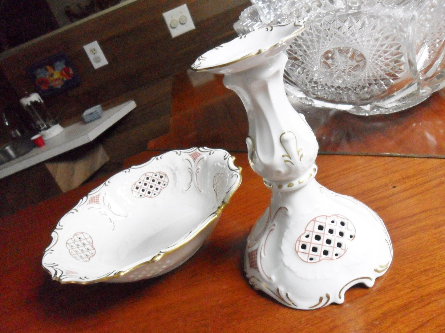 Vintage Pirken-Hammer Czech Porcelain  Lattice CANDLE HOLDER AND BOWL RARE