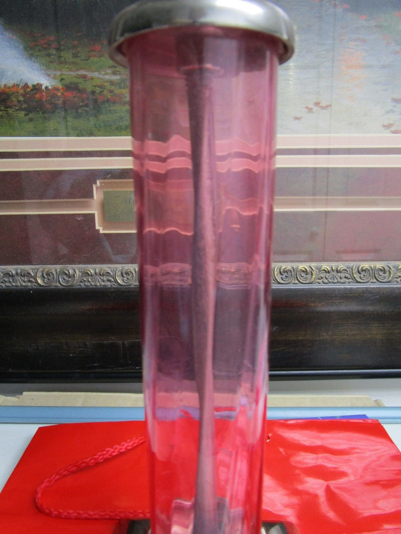 Candleholder TOWER  pink GLASS and silverplate, round body, 9 1/2" ORIGINAL