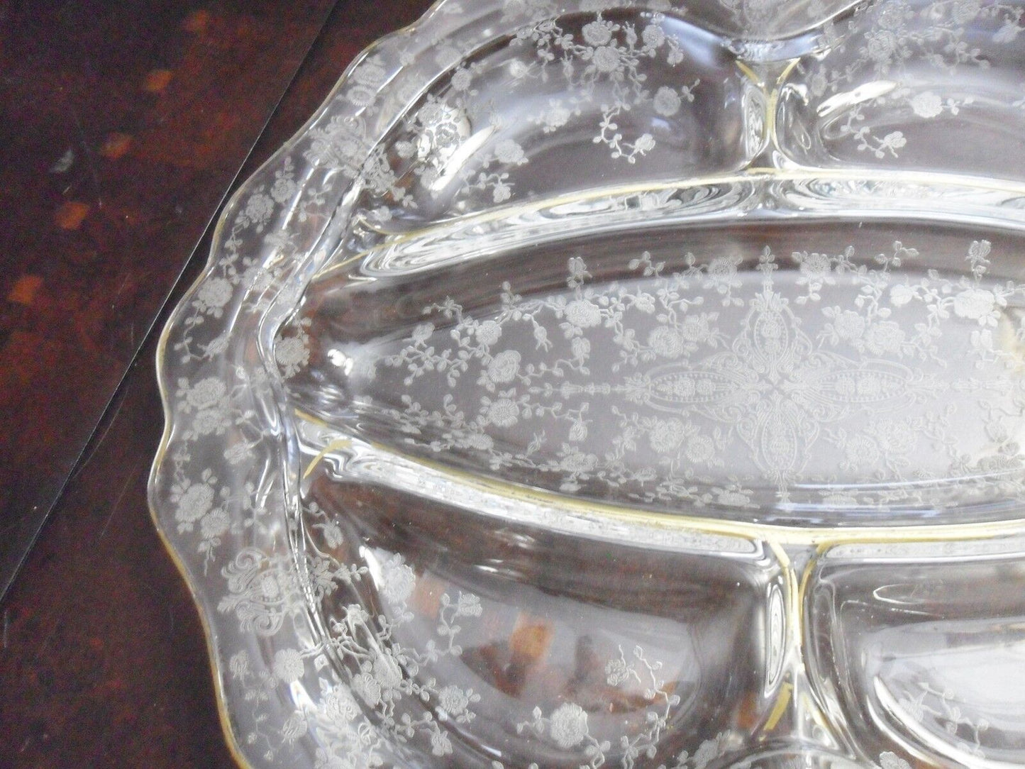 Vtg Wildflower Cambridge crystal print etched glass relish tray divided dish[a5]