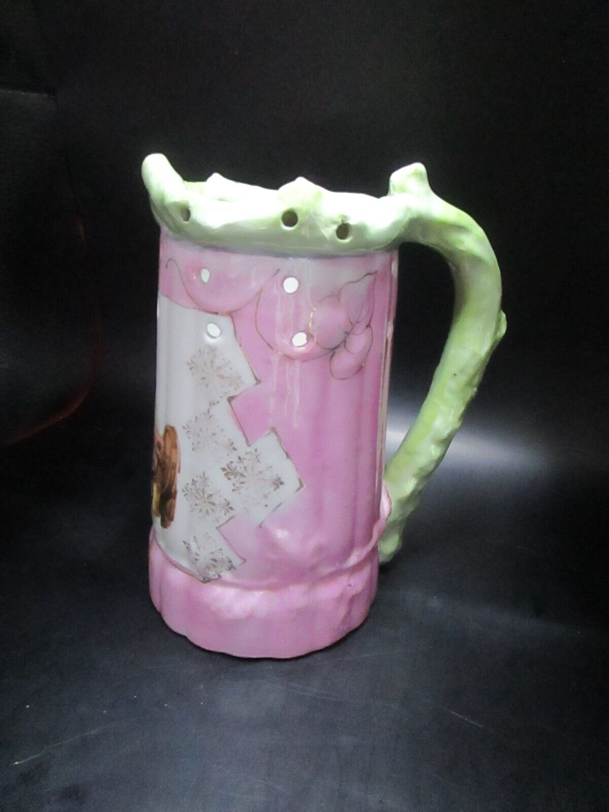 Antique German puzzle mug stein pink with a monk