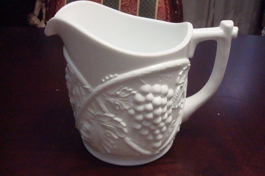 Vintage Duncan and Miller Glass Grape Pattern Milk Glass 7" pitcher  [MILKGL2]