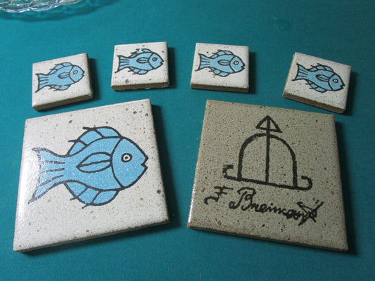 BRAZILIAN STUDIO POTTERY 6  CEMENT TILES FISHES 4" AND 8 "