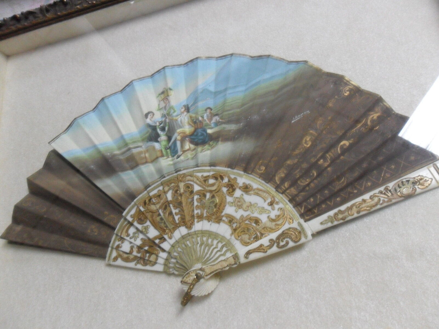 1950's SPANISH FOLDING  FAN Hand Painted Signed J. Ramon carved  sticks