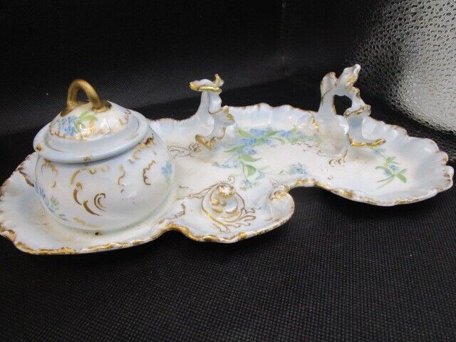 William Guerin Germany antiqueInkwell ceramic blue flowers and gold 10 x 6" [aC]