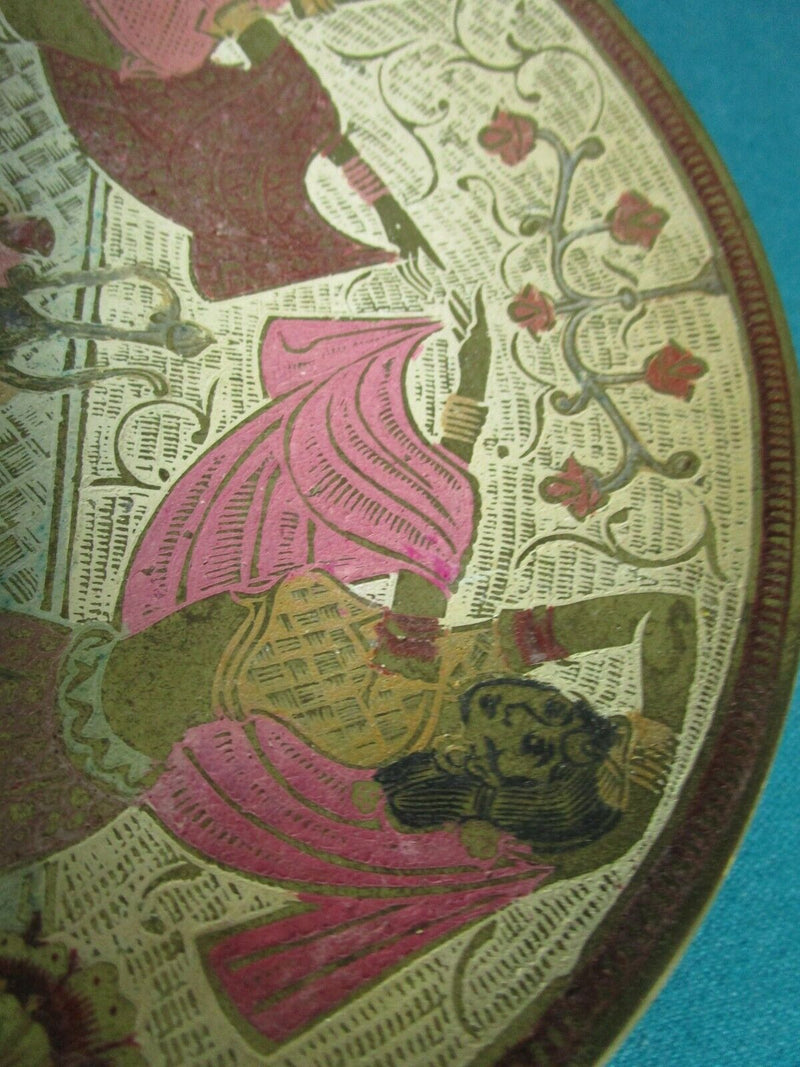 CLOISONNE METAL ENGRAVED WALL PLATE DANCING INDIAN GIRLS 8"