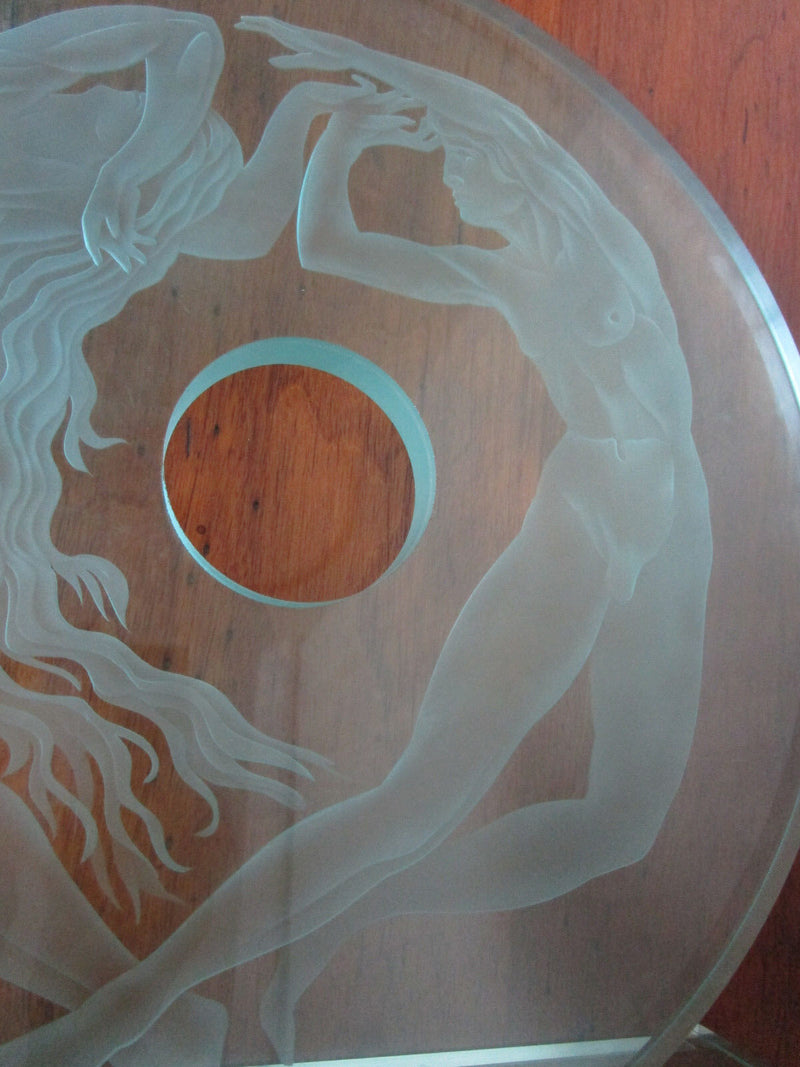 NAKED DIVERS COUPLE TABLE SCULPTURE LARGE 16 X 15 X 6" ETCHED GLASS