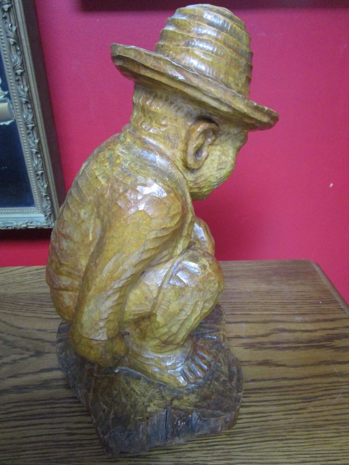 WOOD HAND CARVED sculpture Hispanic ARTIST, SIGNED "MM", POOPING MAN