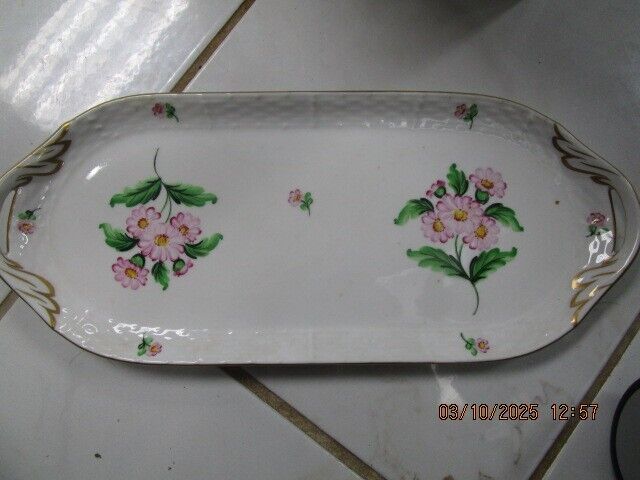 Zsolnay Hungary vanity tray, floral two handle, 1930s apprentice mark [#80]