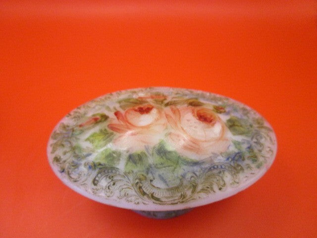 Antique Victorian Milk Glass Floral Oval Trinket Jewelry Box 2 X 4"