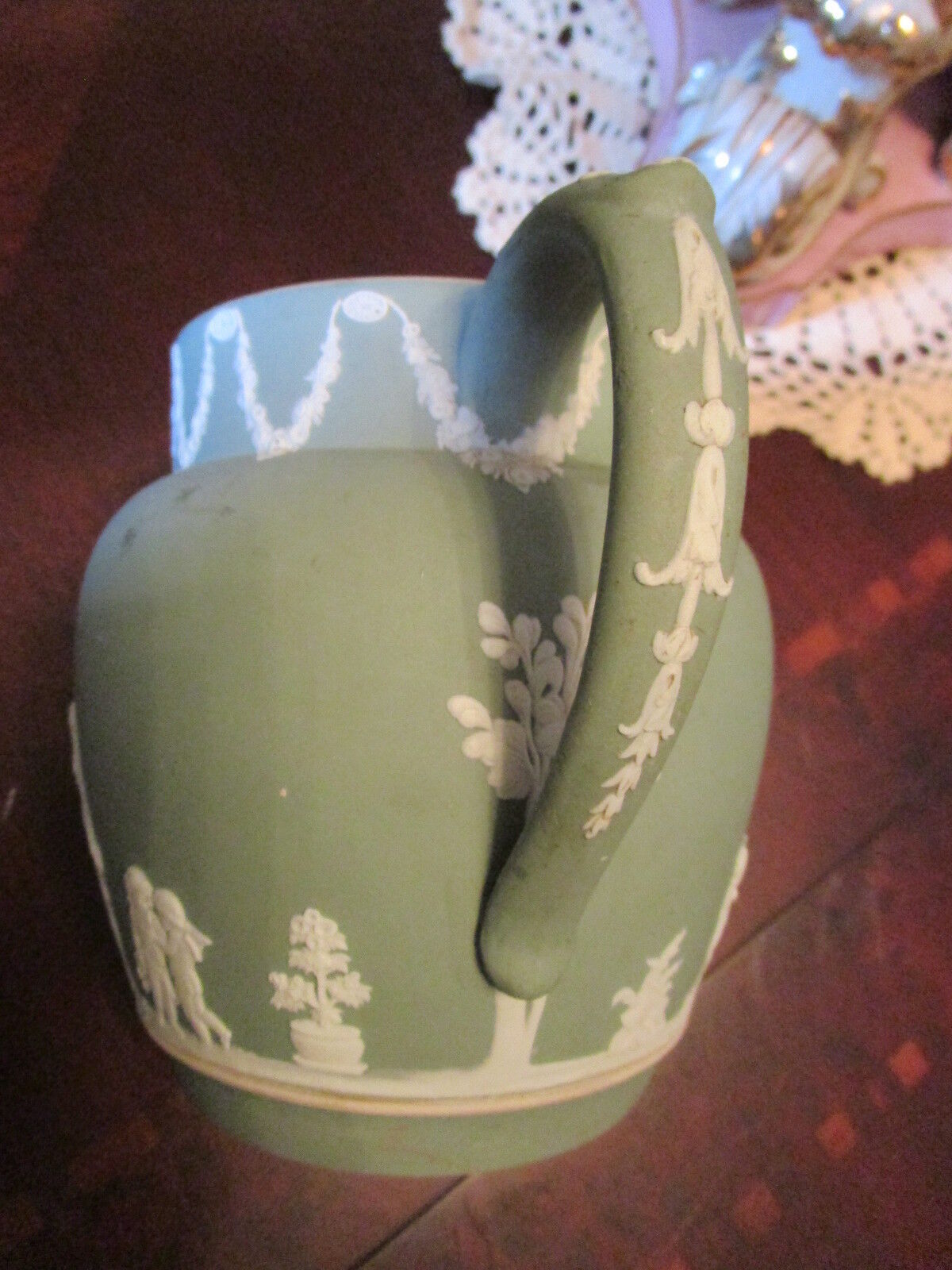 Antique 1800s Wedgwood, England, jug green jasperware, and handle, impressed[*6