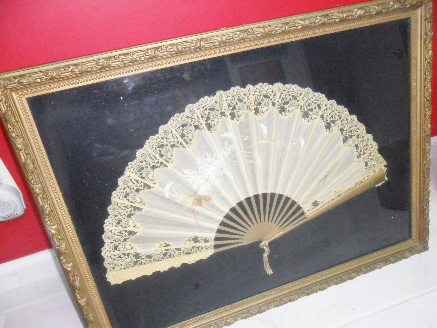 1800s hand fan handpainted, silk and lace, wooden handle, gorgeous frame