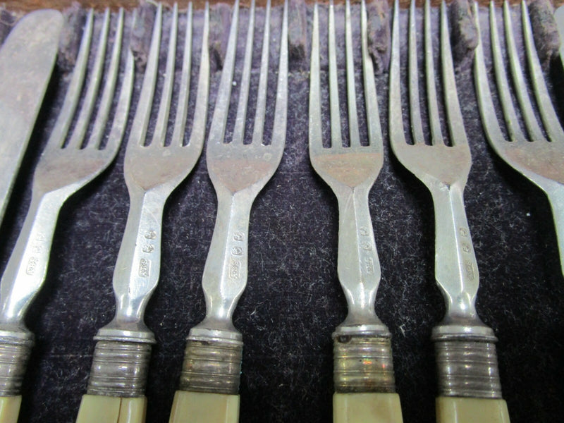 SAVORY 1800s LONDON SILVERPLATE FORKS KNIVES SET WHITE HANDLE ORIGINAL BOX