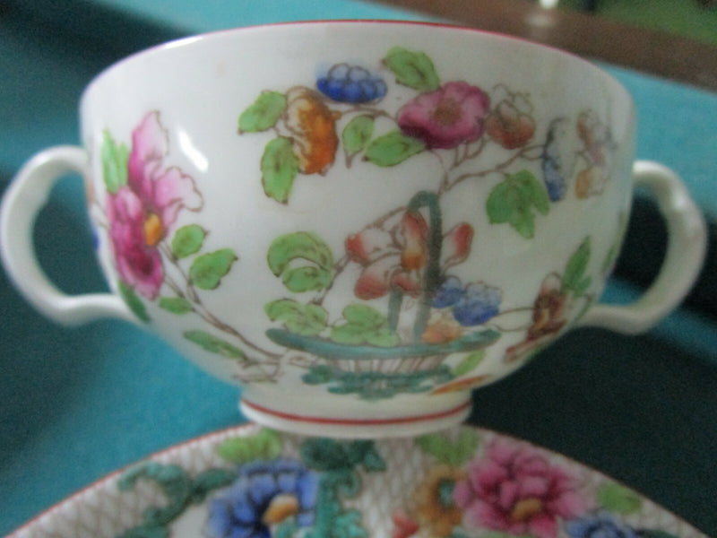 CAULDON ENGLAND CONSOME SOUP CUP SAUCER VICTORIA PATTERN LACE AND FLOWERS c1904