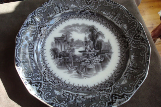 Antique Adams & Sons blackware plate "Athens" pattern, 9 1/2" diam[BP7]