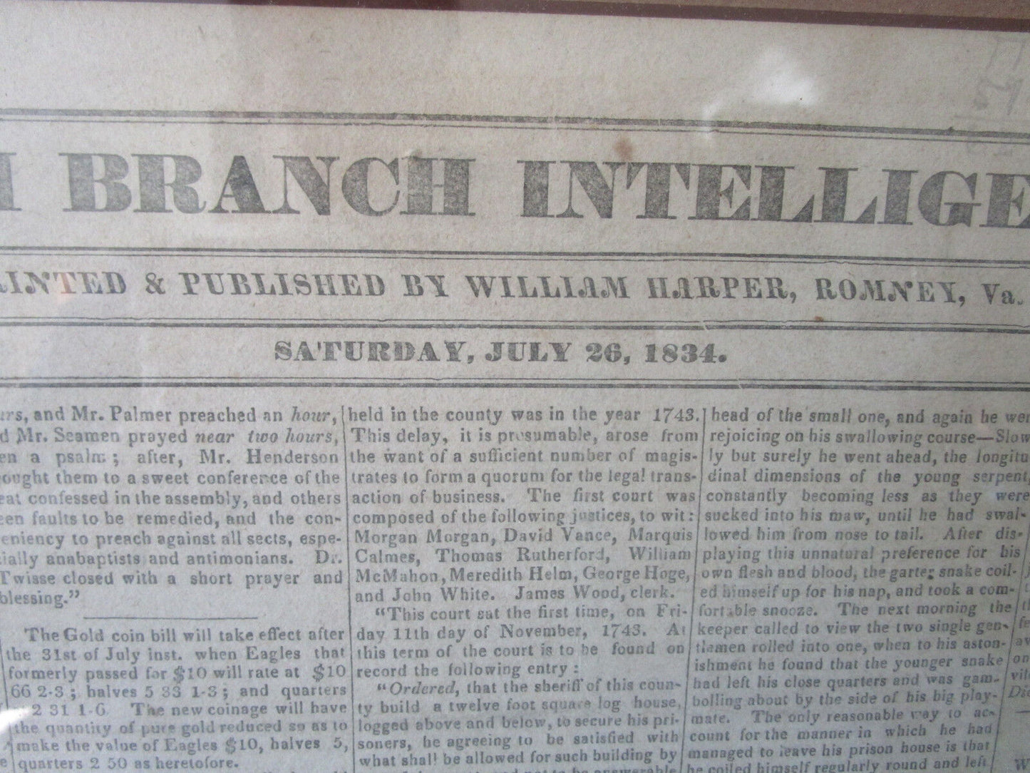 4 ANTIQUE 1830s FRAMED PAGES OF T"HE SOUTH BRANCH INTELLIGENCER"