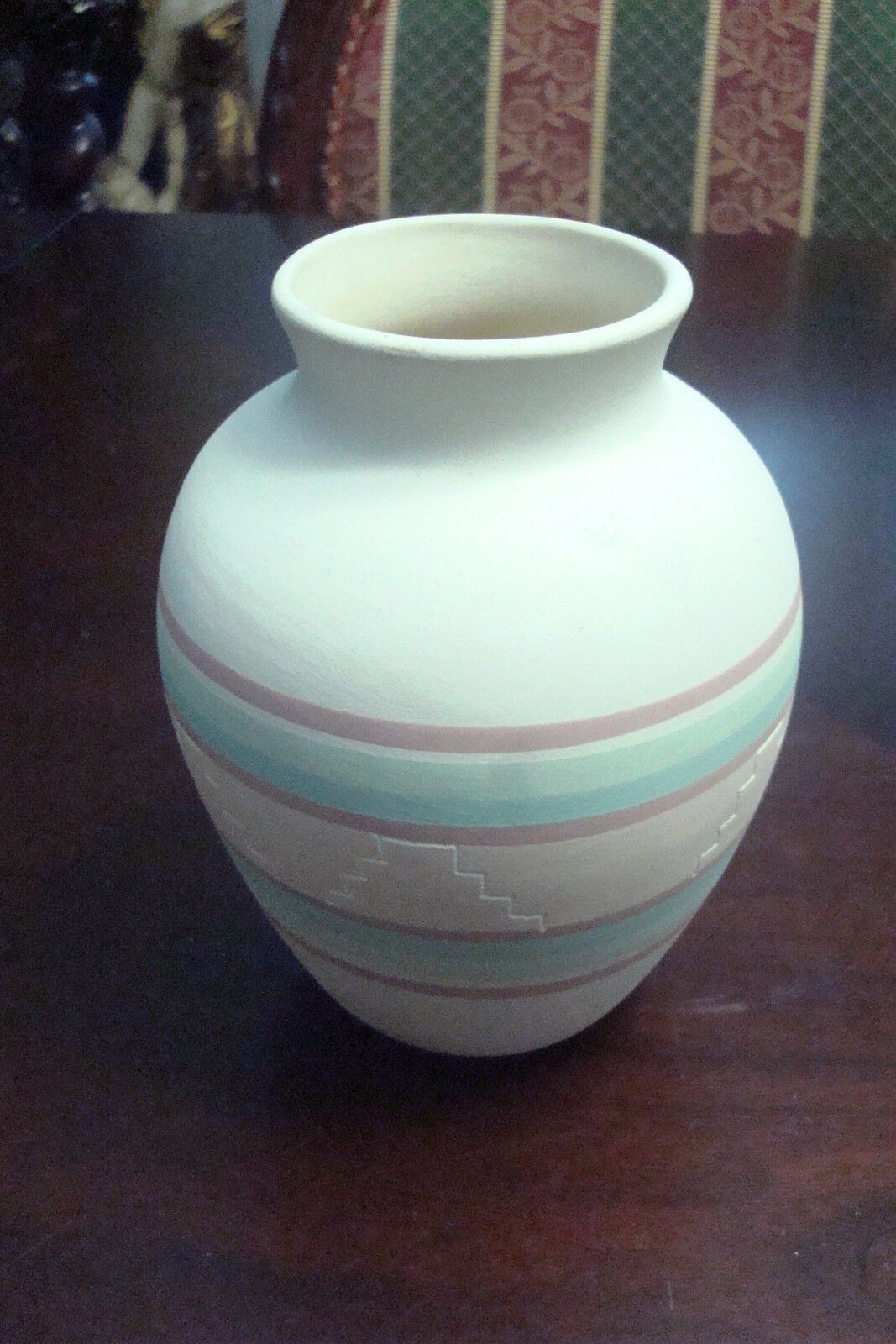 American Indian Pottery vase  unmarked, numbered 526 green, pink and cream beige