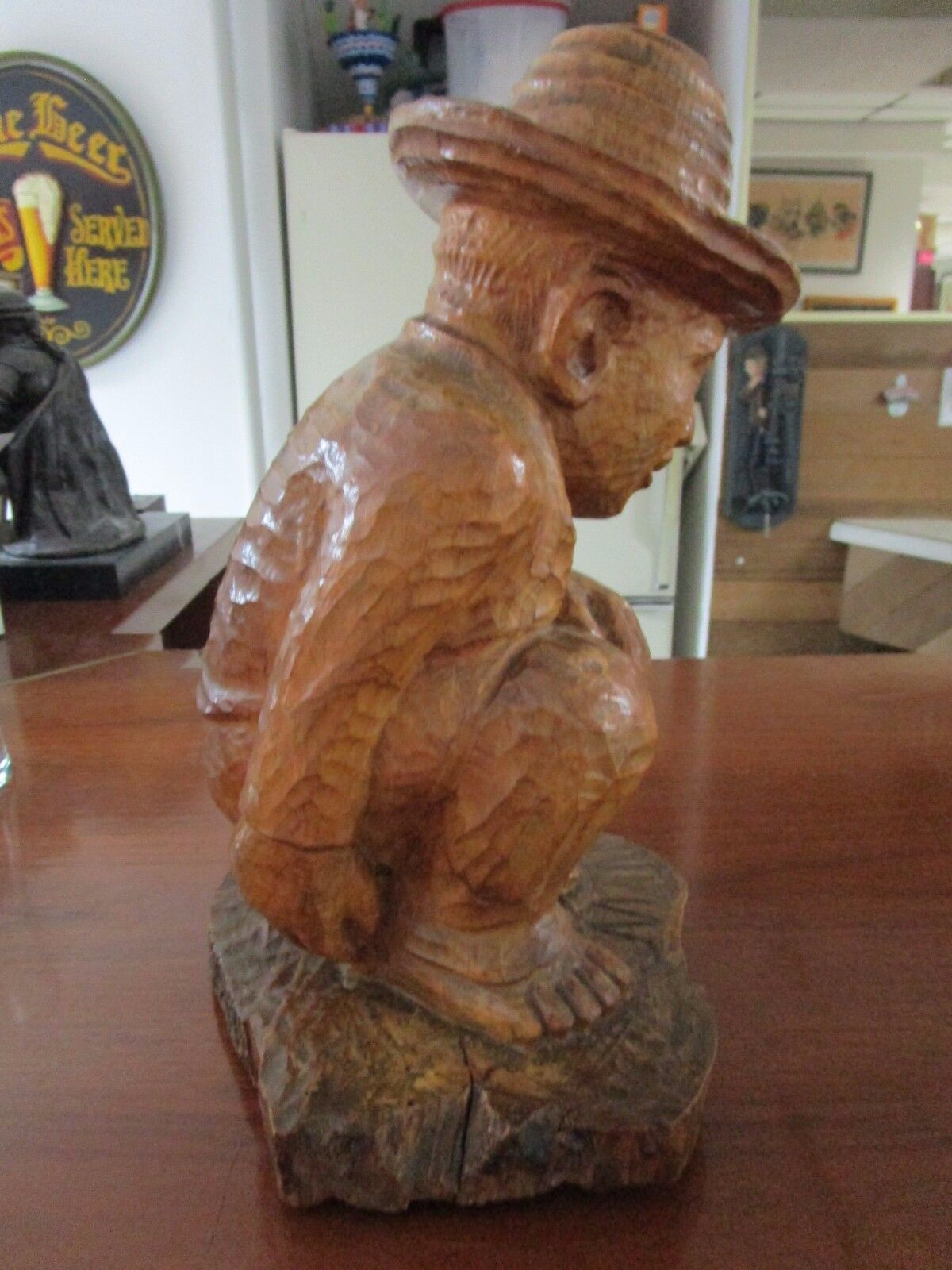 WOOD HAND CARVED sculpture Hispanic ARTIST, SIGNED "MM", POOPING MAN