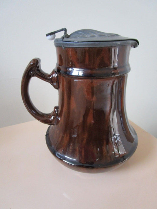 ANTIQUE BROWN GLAZE PEWTER COVER HINGED  PITCHER SYRUP 7 X 6" ORIGINAL