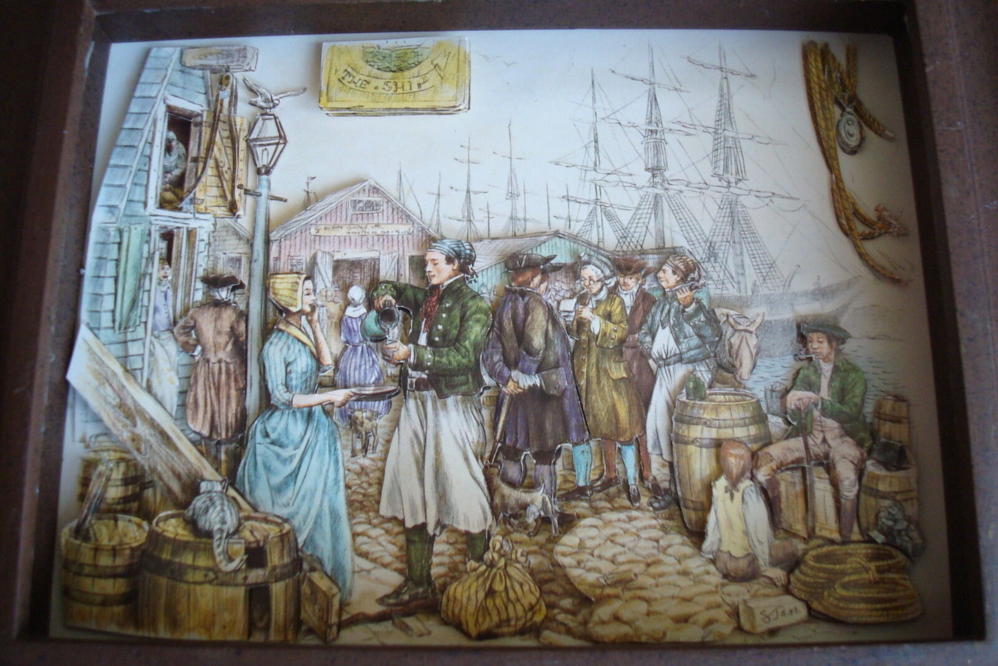 3 D collage paper art of English Port signed S. Jan wooden framed