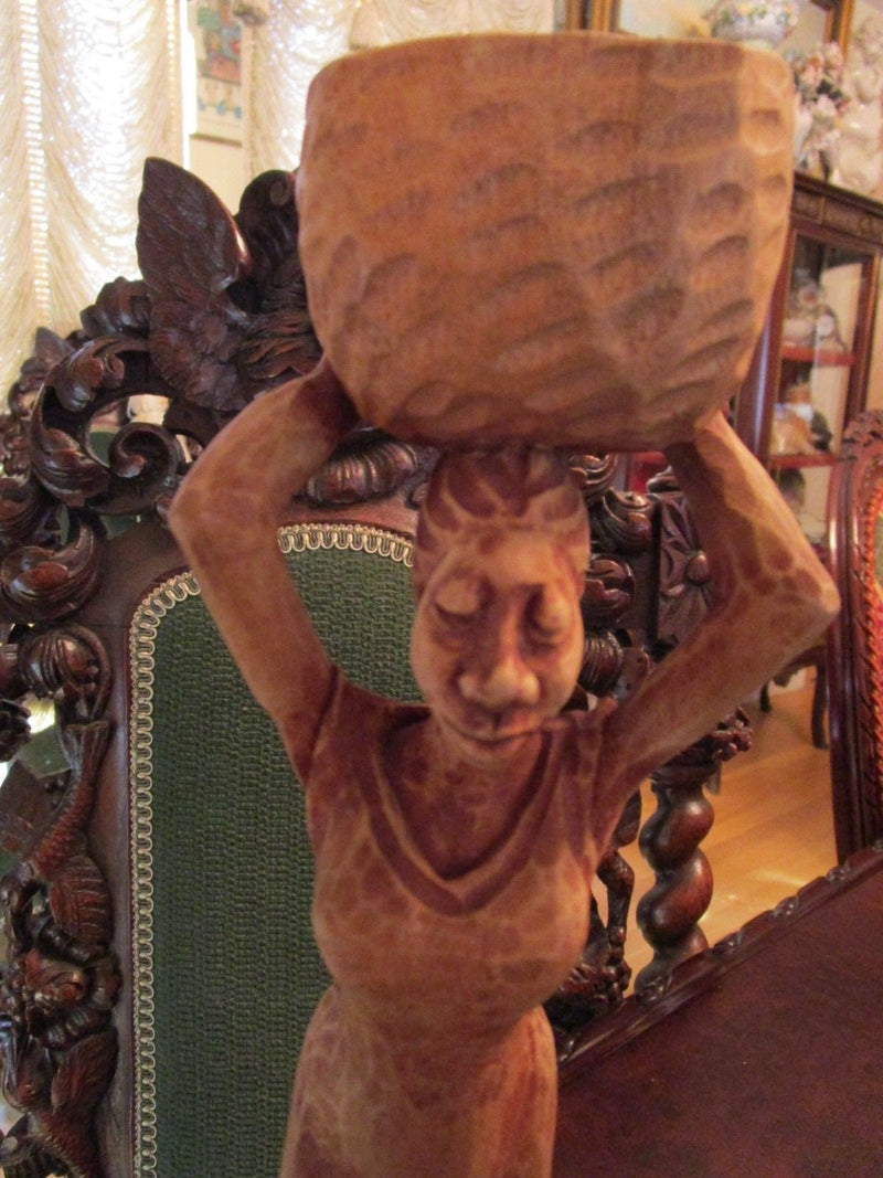Wood Carving African Woman With Basket 11" Tall Signed Louis Original^^^