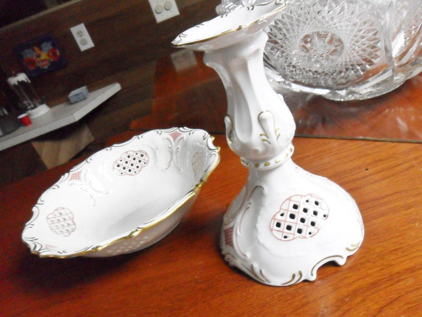 Vintage Pirken-Hammer Czech Porcelain  Lattice CANDLE HOLDER AND BOWL RARE