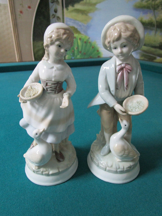 ANTIQUE ARDALT JAPAN PORCELAIN FIGURINES BOY AND GIRL FEEDING DUCKS 8" orig