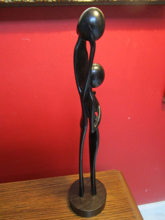 AFRICAN ARTIST B. MOUANGA WOOD sculpture "FATHER AND CHILD" SIGNED ^^