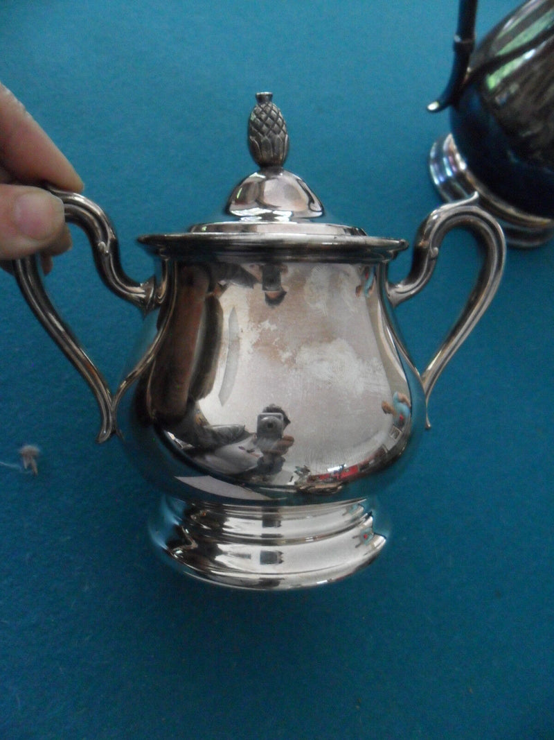 Antique Reed & Barton Jamestown Silverplated Coffee Pot, creamer and sugar origi