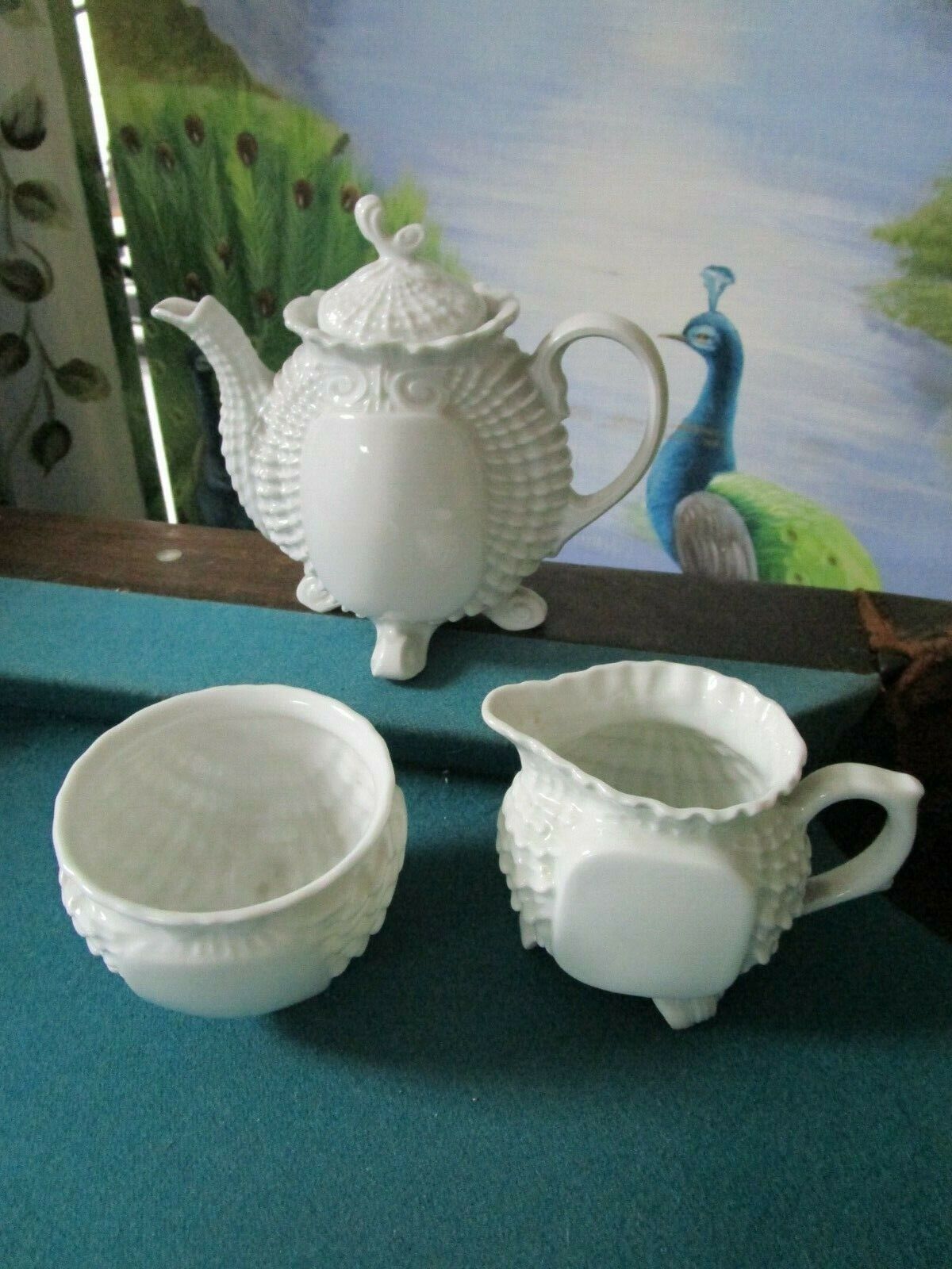 VICTORIA AUSTRIA BOHEMIAN PRE1918 3 PCS TEA SET TEAPOT CREAMER SUGAR WHITE GLOSS