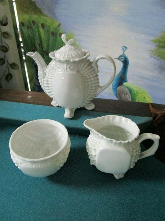 VICTORIA AUSTRIA BOHEMIAN PRE1918 3 PCS TEA SET TEAPOT CREAMER SUGAR WHITE GLOSS