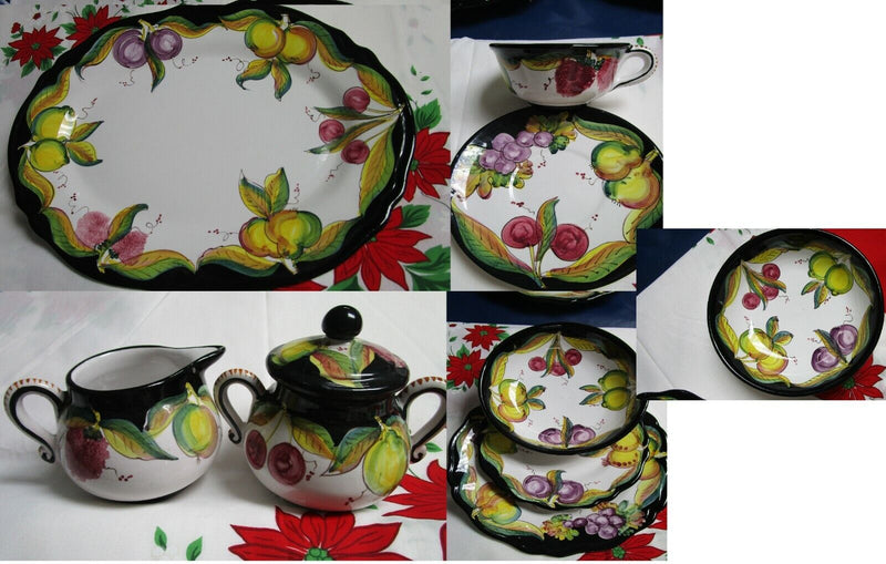 DERUTA ITALY DIP A MANO CERAMIC BOWL PLATES CUP SAUCER FRUITS BLACK RIM PICK 1