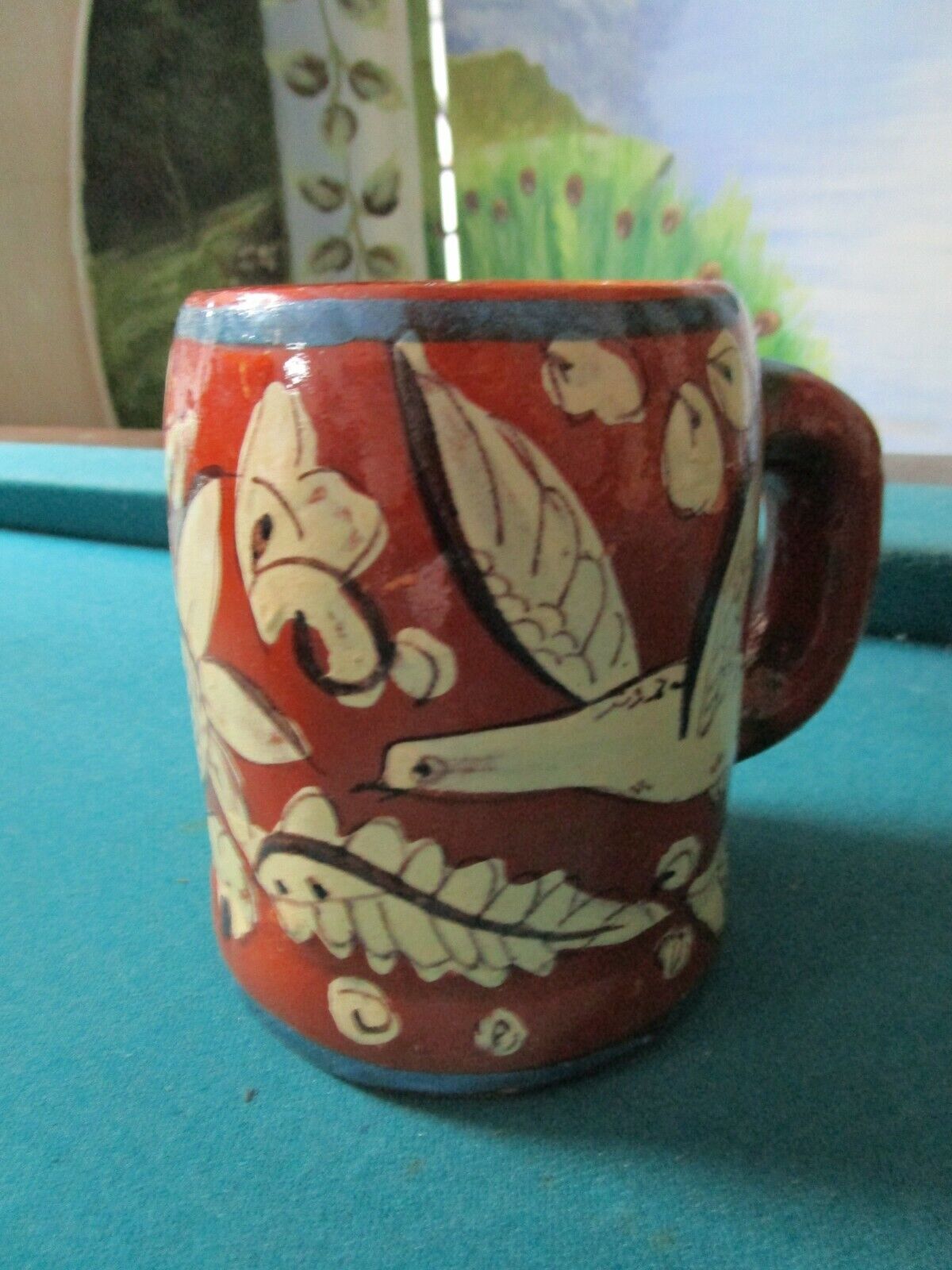 WESTERN POTTERY RED CLAY MUG HAND PAINTED BIRDS 5"