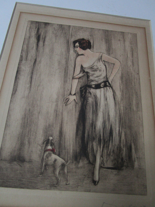 ORIGINAL SIGNED ETCHING BELLE EPOQUE LADY WITH A DOG ILLEGIBLE SIGNATURE