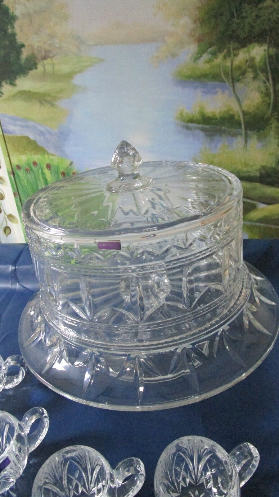 WATERFORD PEDESTAL PUNCH BOWL CAKE STAND FINLEY PATTERN WITH 4 PUNCH GLASSES