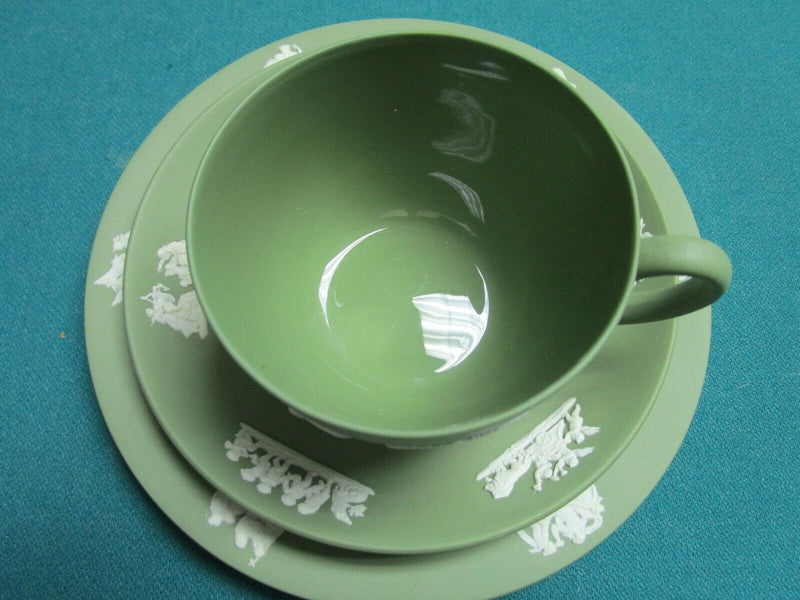 “Wedgwood” vintage green JASPERWARE trio cup, saucer , cake plate [80d]