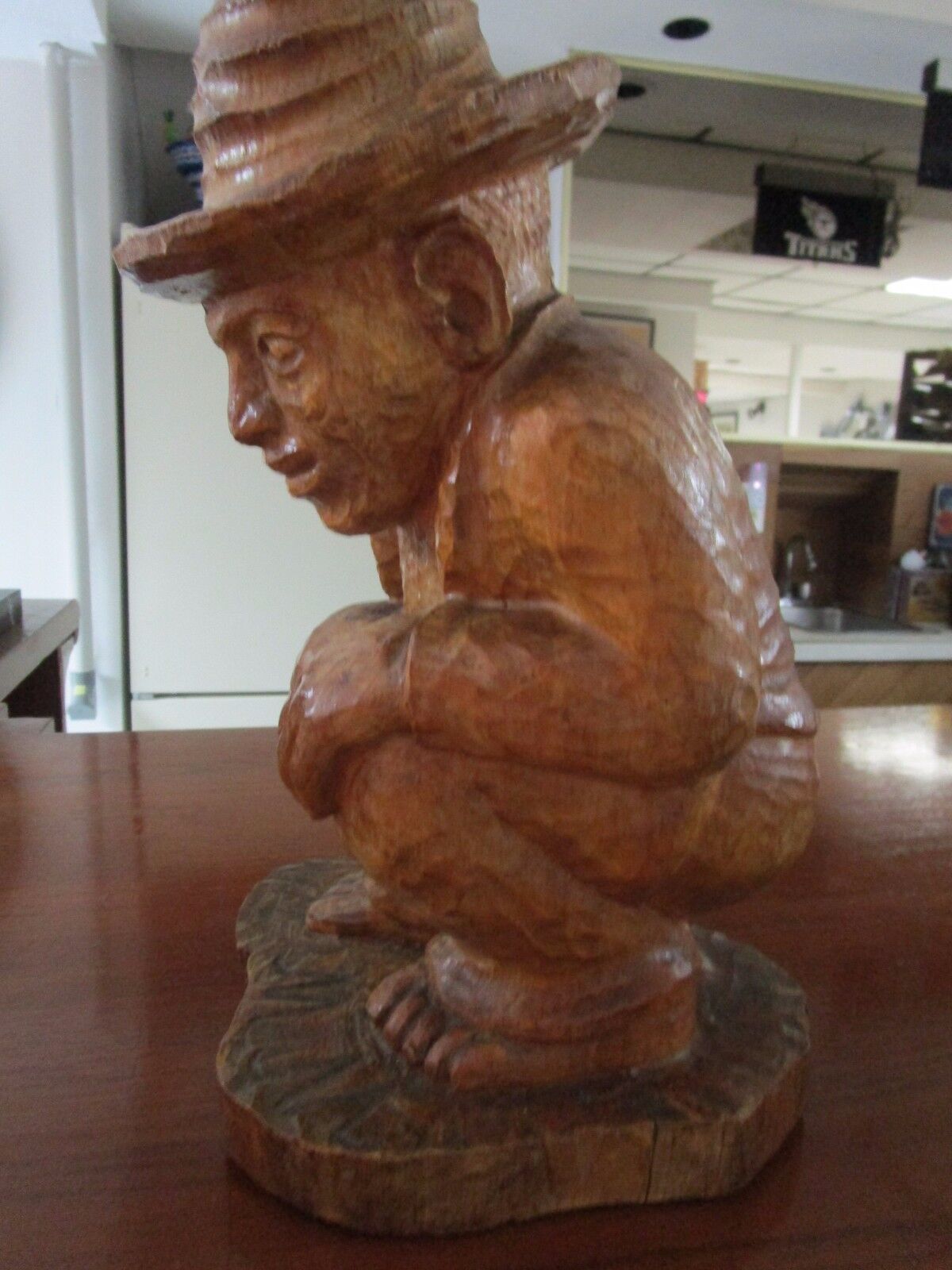 WOOD HAND CARVED sculpture Hispanic ARTIST, SIGNED "MM", POOPING MAN